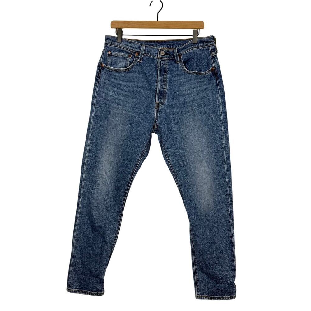 Levi’s 501 Skinny Jeans Size 32x28 Blue Denim Button Fly High Rise Faded Stretch